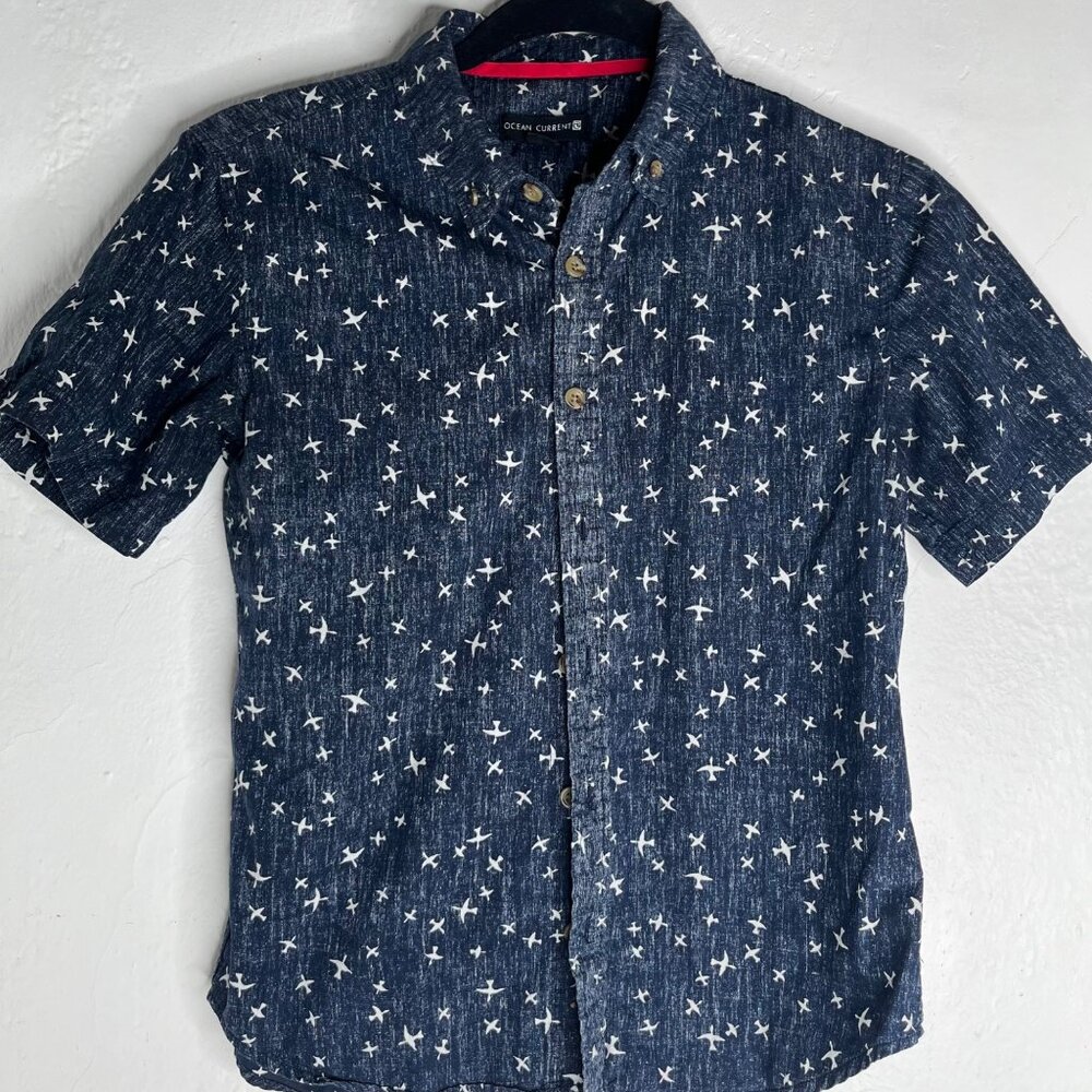 Ocean Current Boys S Navy Short Sleeve Button-Up Shirt With White Bird Print